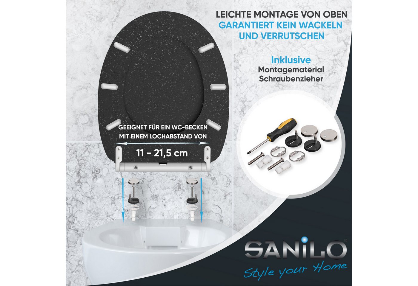 Sanilo WC-Sitz Glitzer mit Absenkautomatik & Quick Release, Premium Toilettendeckel, abnehmbar, leichte Montage von oben – Bild 5 von 5