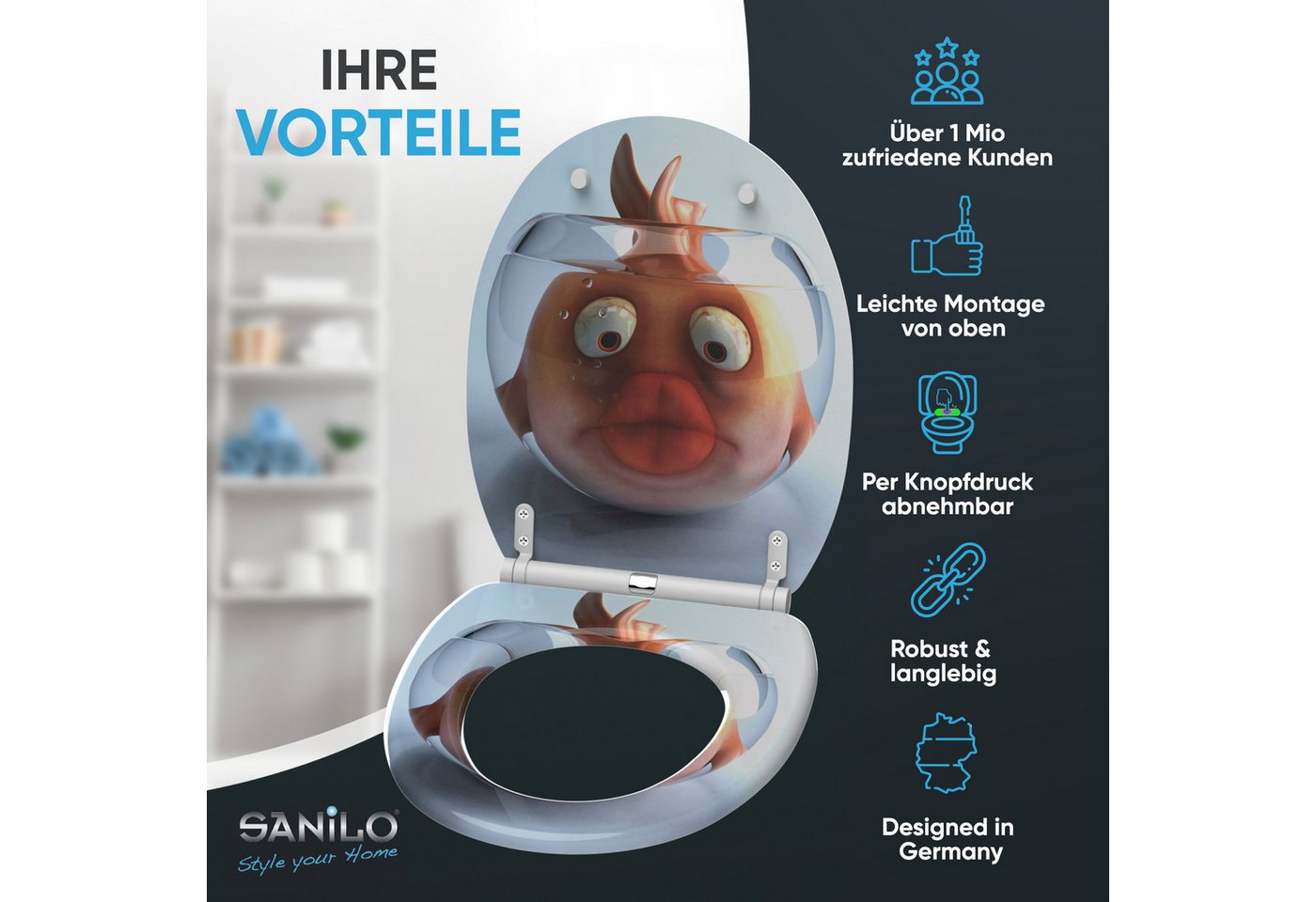 Sanilo WC-Sitz Goldfisch mit Absenkautomatik & Quick Release, Premium Toilettendeckel, abnehmbar, leichte Montage von oben – Bild 2 von 5