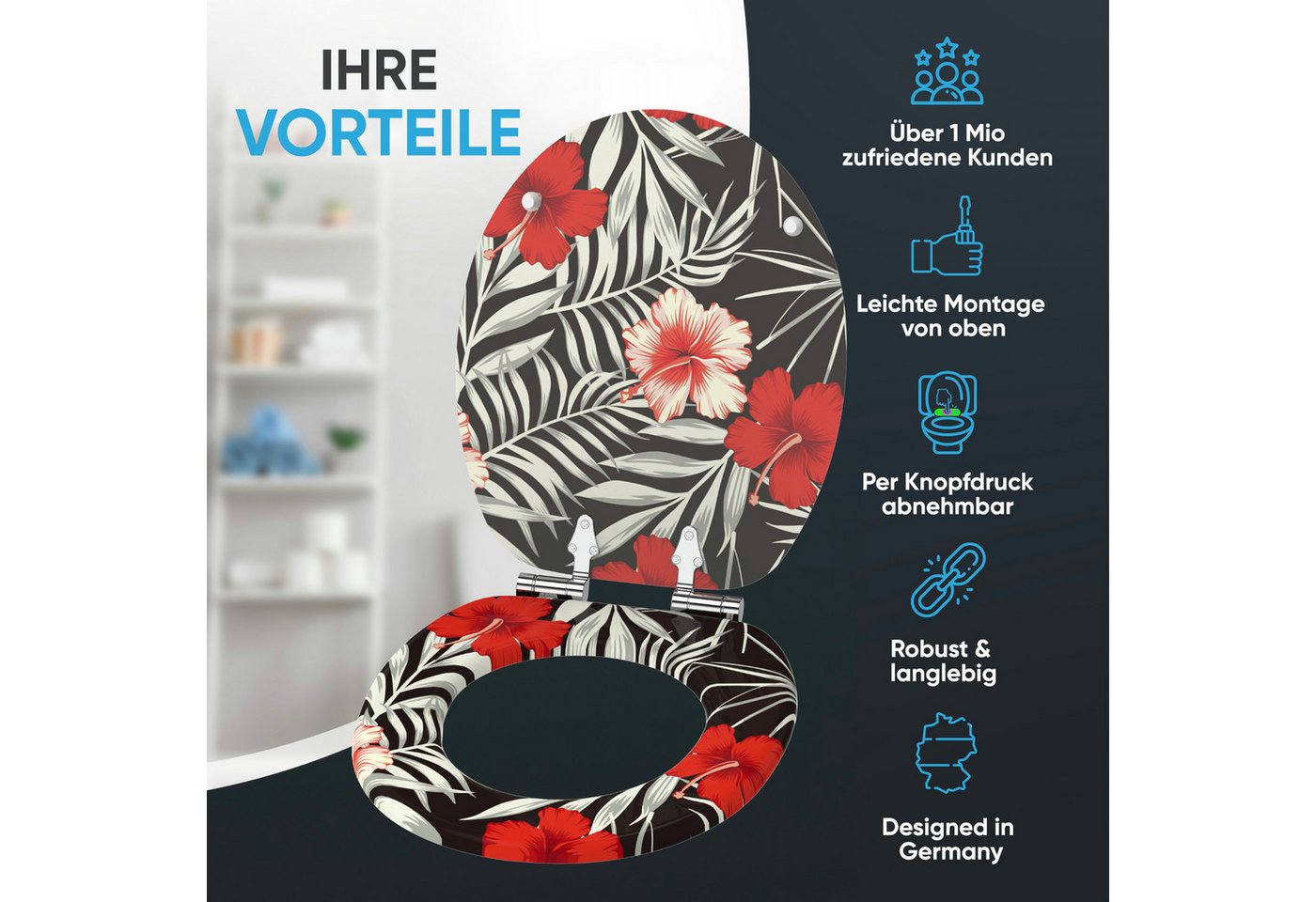 Sanilo WC-Sitz Hibisca mit Absenkautomatik, Toilettendeckel direkt vom Hersteller, hochwertig & modern mit Motiv, universell, leichte Montage – Bild 2 von 5