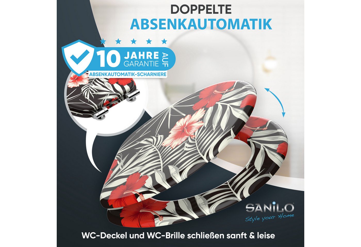 Sanilo WC-Sitz Hibisca mit Absenkautomatik, Toilettendeckel direkt vom Hersteller, hochwertig & modern mit Motiv, universell, leichte Montage – Bild 3 von 5