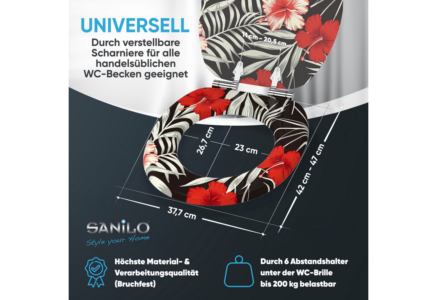 Sanilo WC-Sitz Hibisca mit Absenkautomatik, Toilettendeckel direkt vom Hersteller, hochwertig & modern mit Motiv, universell, leichte Montage – Bild 4 von 5
