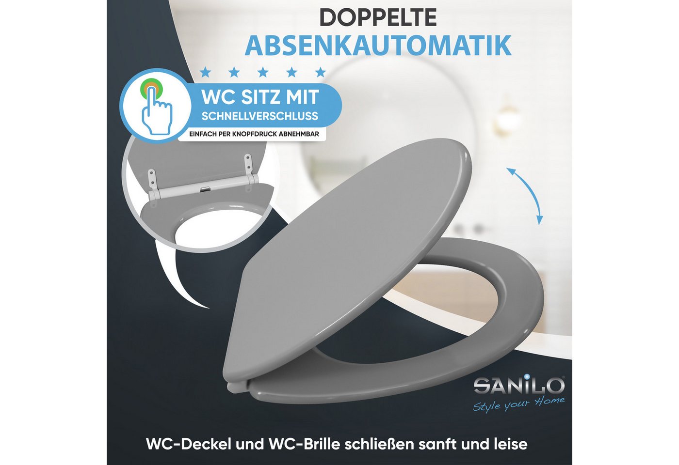 Sanilo WC-Sitz Manhattan Grau mit Absenkautomatik & Quick Release, Premium Toilettendeckel, abnehmbar, leichte Montage von oben – Bild 3 von 5