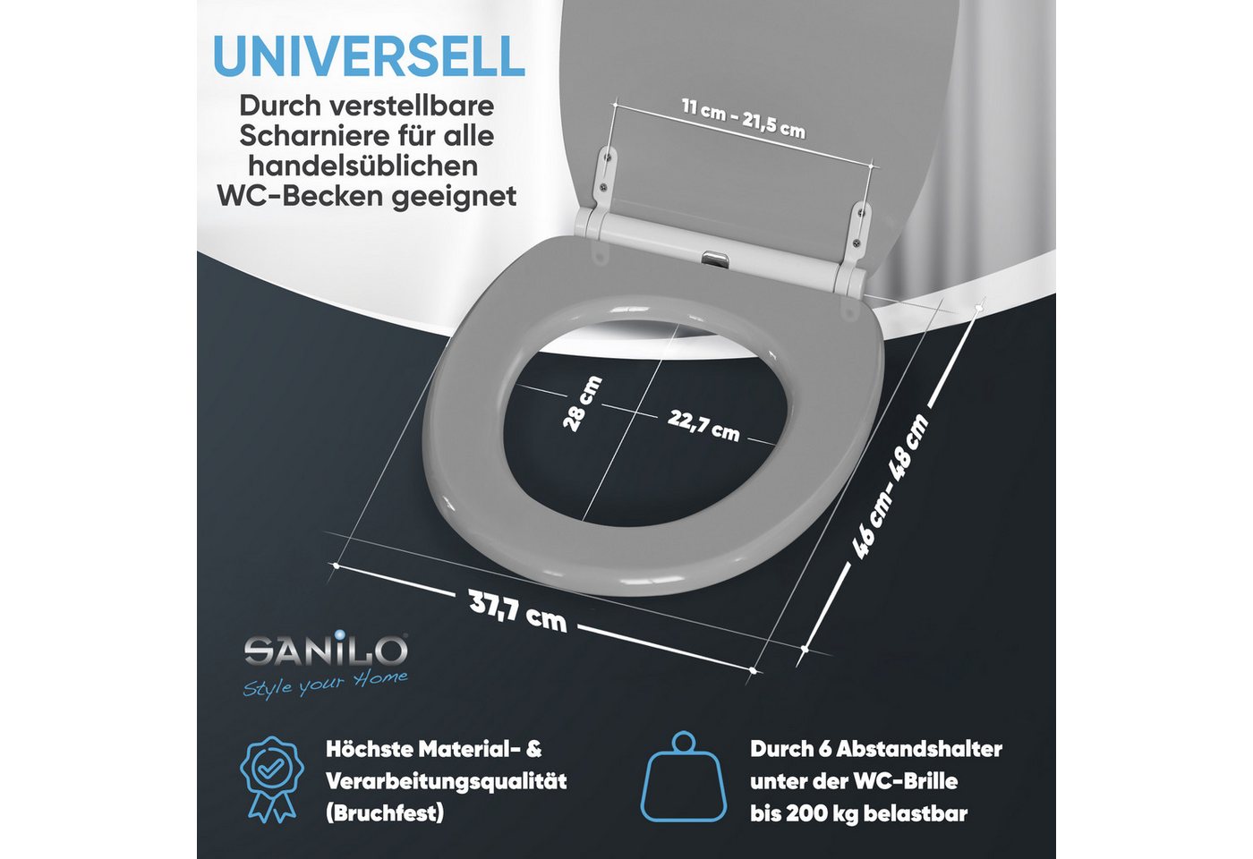Sanilo WC-Sitz Manhattan Grau mit Absenkautomatik & Quick Release, Premium Toilettendeckel, abnehmbar, leichte Montage von oben – Bild 4 von 5