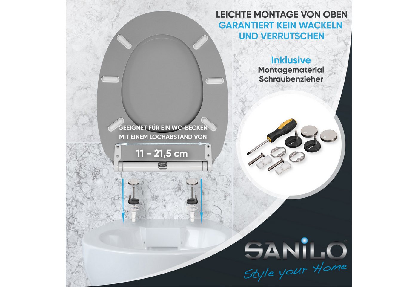 Sanilo WC-Sitz Manhattan Grau mit Absenkautomatik & Quick Release, Premium Toilettendeckel, abnehmbar, leichte Montage von oben – Bild 5 von 5