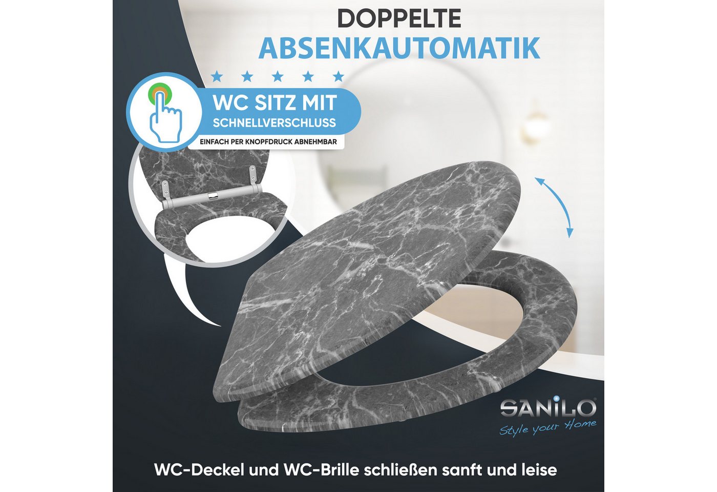Sanilo WC-Sitz Marmor Grau mit Absenkautomatik & Quick Release, Premium Toilettendeckel, abnehmbar, leichte Montage von oben – Bild 3 von 5