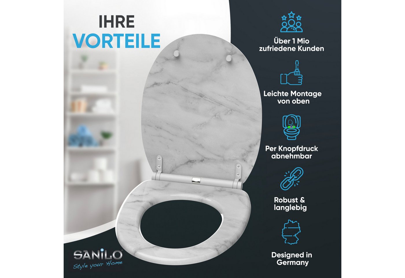 Sanilo WC-Sitz Marmor mit Absenkautomatik & Quick Release, Premium Toilettendeckel, abnehmbar, leichte Montage von oben – Bild 2 von 5