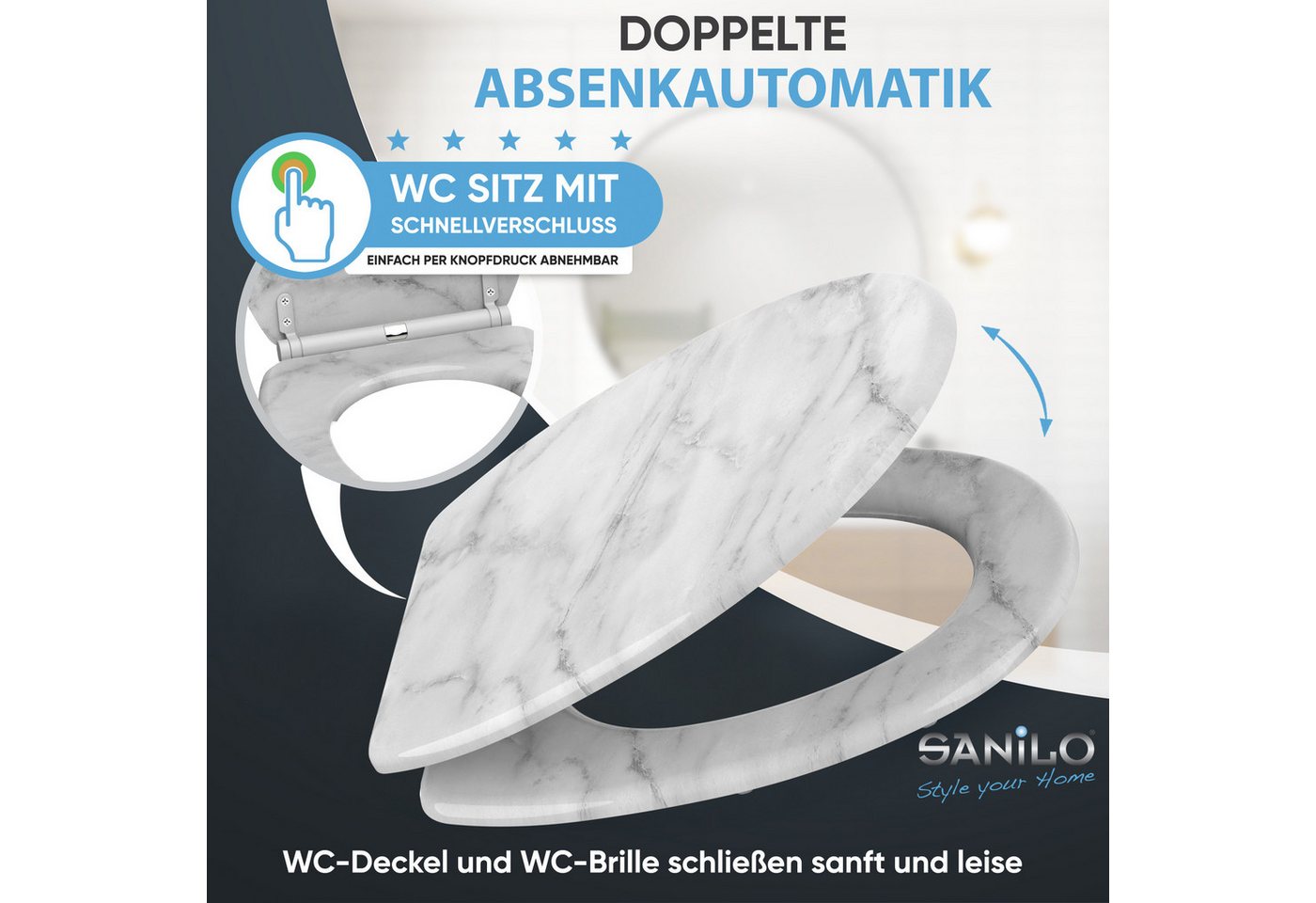 Sanilo WC-Sitz Marmor mit Absenkautomatik & Quick Release, Premium Toilettendeckel, abnehmbar, leichte Montage von oben – Bild 3 von 5