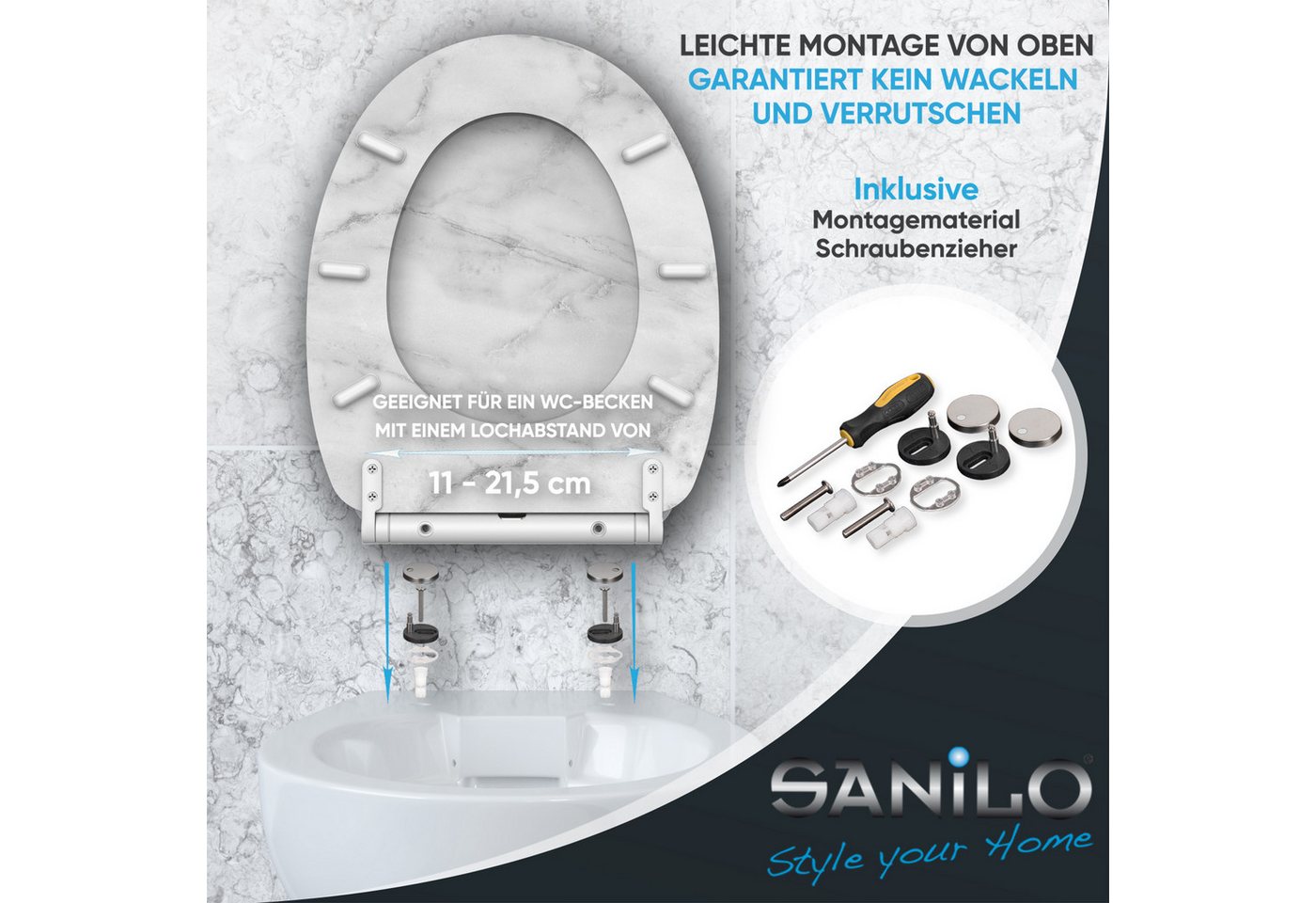 Sanilo WC-Sitz Marmor mit Absenkautomatik & Quick Release, Premium Toilettendeckel, abnehmbar, leichte Montage von oben – Bild 5 von 5