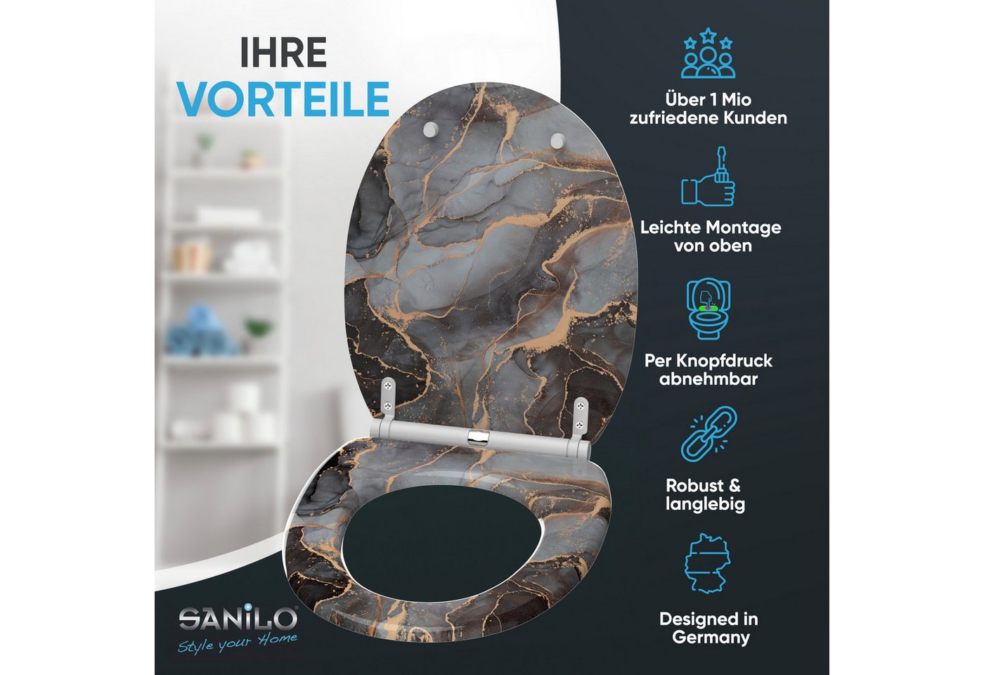 Sanilo WC-Sitz mit Absenkautomatik, viele Toilettendeckel direkt vom Hersteller, hochwertig, abnehmbar, leichte Montage von oben, mit Schraubenzieher – Bild 2 von 5