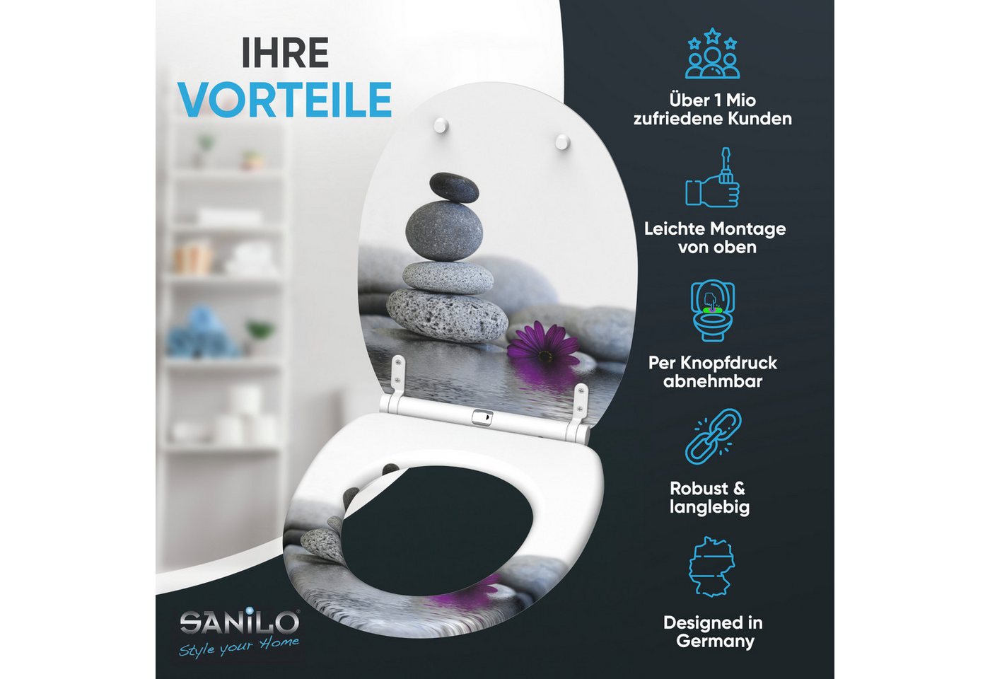 Sanilo WC-Sitz mit Absenkautomatik, viele Toilettendeckel direkt vom Hersteller, hochwertig, abnehmbar, leichte Montage von oben, mit Schraubenzieher – Bild 2 von 5