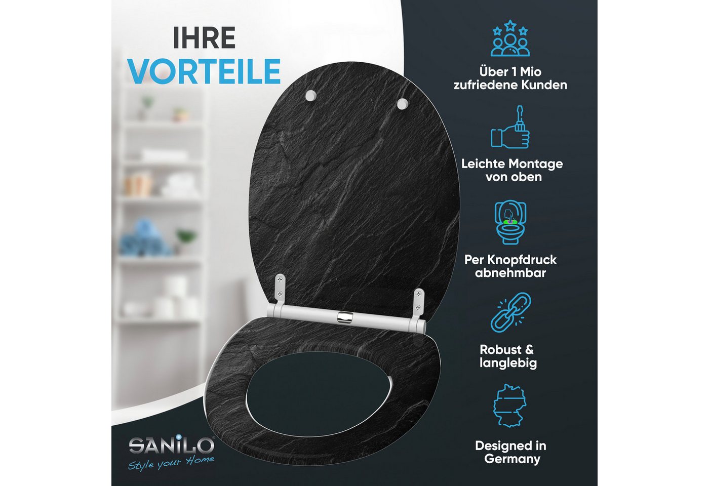 Sanilo WC-Sitz mit Absenkautomatik, viele Toilettendeckel direkt vom Hersteller, hochwertig, abnehmbar, leichte Montage von oben, mit Schraubenzieher – Bild 2 von 5