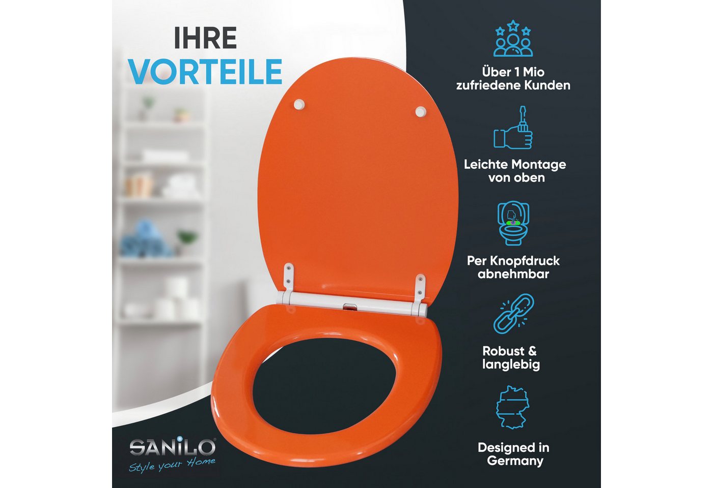 Sanilo WC-Sitz Orange mit Absenkautomatik & Quick Release, Premium Toilettendeckel, abnehmbar, leichte Montage von oben – Bild 2 von 5