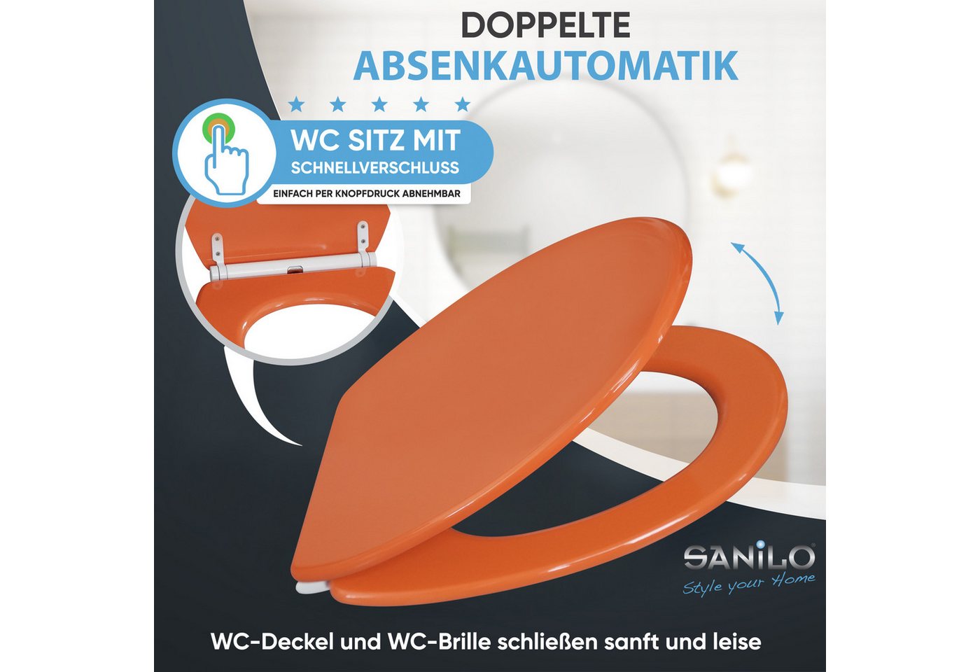 Sanilo WC-Sitz Orange mit Absenkautomatik & Quick Release, Premium Toilettendeckel, abnehmbar, leichte Montage von oben – Bild 3 von 5