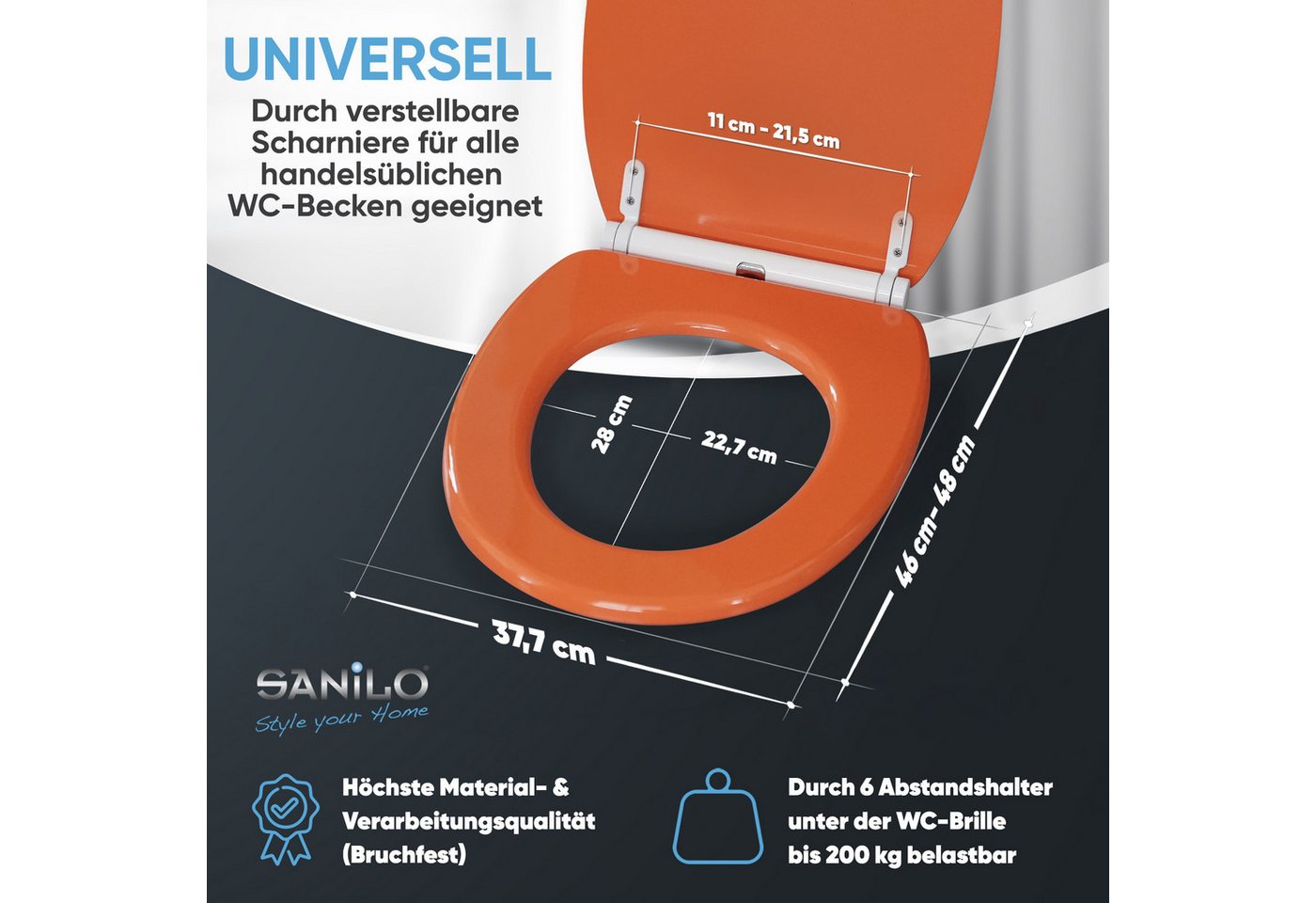 Sanilo WC-Sitz Orange mit Absenkautomatik & Quick Release, Premium Toilettendeckel, abnehmbar, leichte Montage von oben – Bild 4 von 5