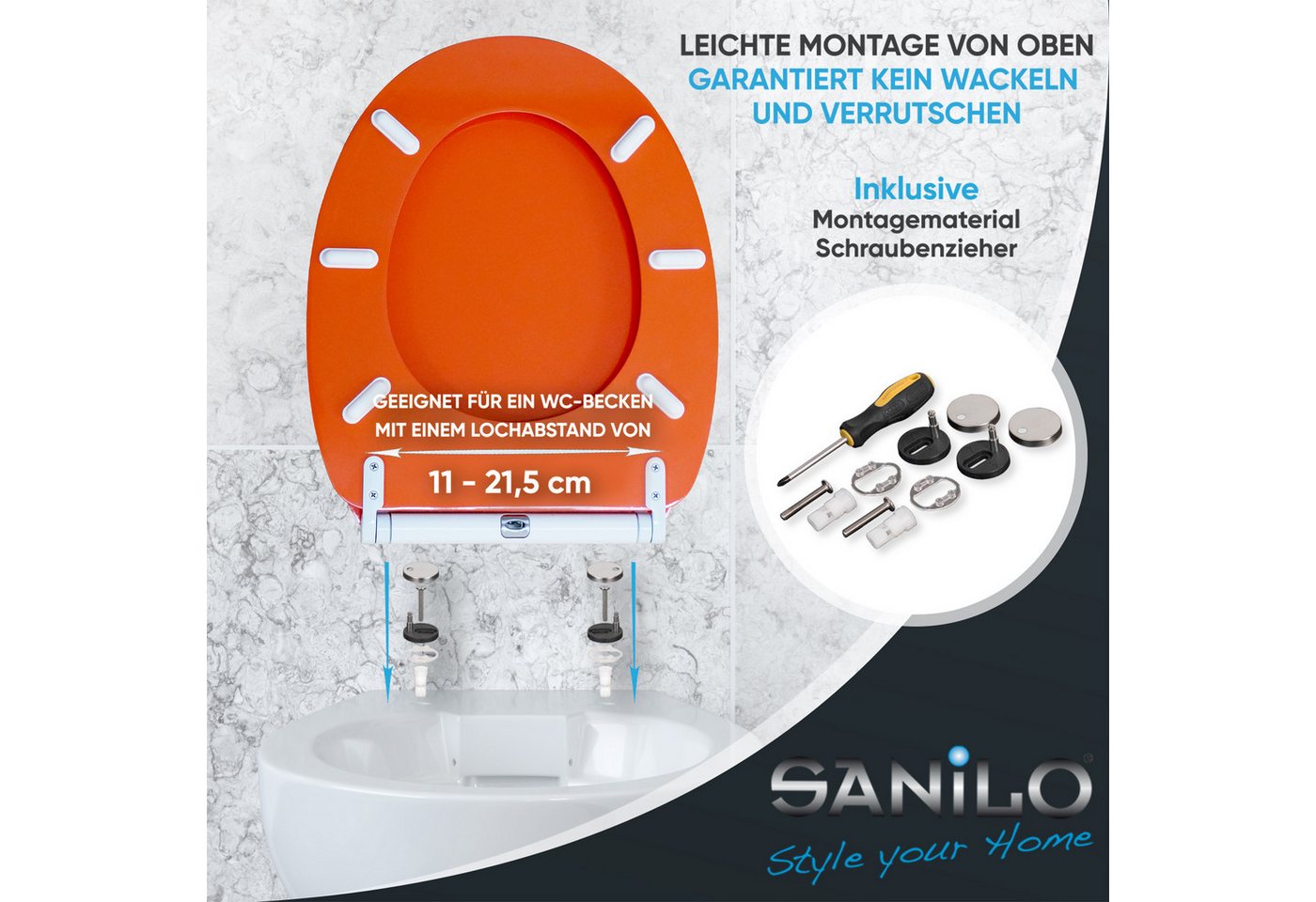 Sanilo WC-Sitz Orange mit Absenkautomatik & Quick Release, Premium Toilettendeckel, abnehmbar, leichte Montage von oben – Bild 5 von 5