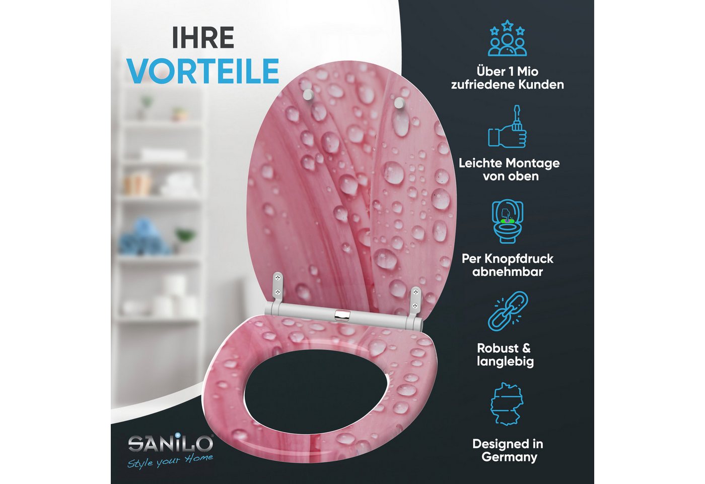 Sanilo WC-Sitz Pink Flower mit Absenkautomatik & Quick Release, Premium Toilettendeckel, abnehmbar, leichte Montage von oben – Bild 2 von 5