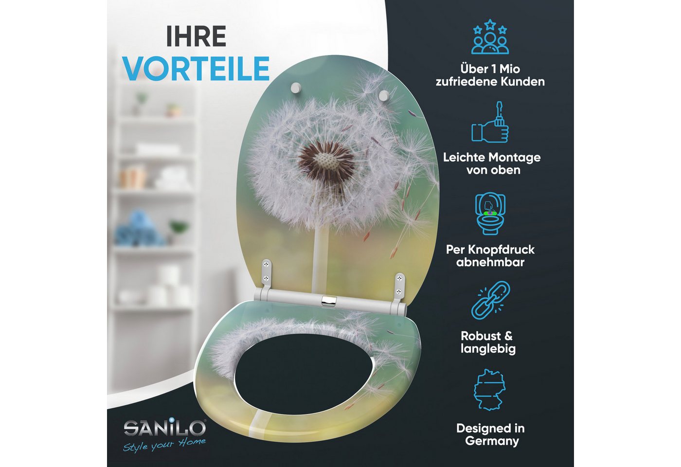 Sanilo WC-Sitz Pusteblume mit Absenkautomatik & Quick Release, Premium Toilettendeckel, abnehmbar, leichte Montage von oben – Bild 2 von 5