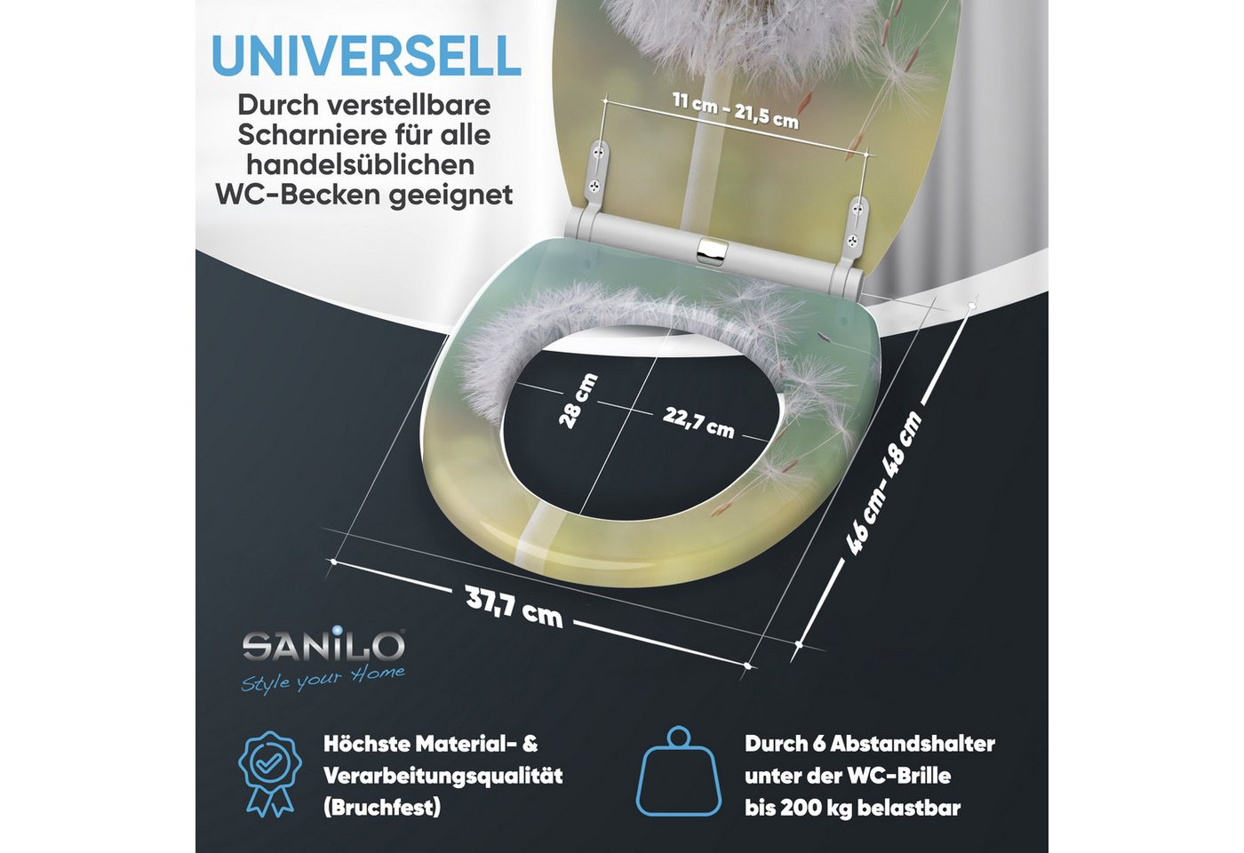 Sanilo WC-Sitz Pusteblume mit Absenkautomatik & Quick Release, Premium Toilettendeckel, abnehmbar, leichte Montage von oben – Bild 4 von 5