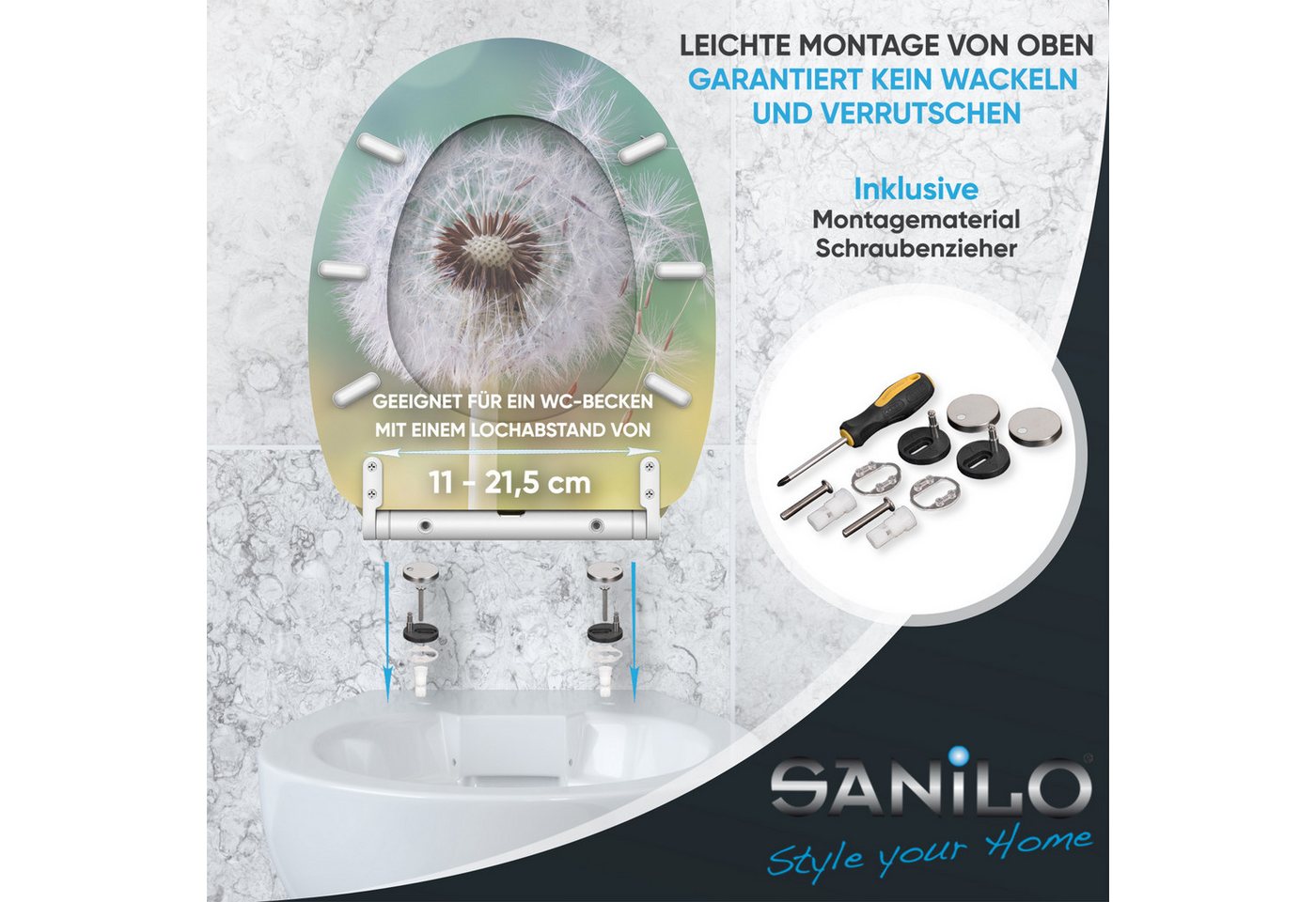 Sanilo WC-Sitz Pusteblume mit Absenkautomatik & Quick Release, Premium Toilettendeckel, abnehmbar, leichte Montage von oben – Bild 5 von 5