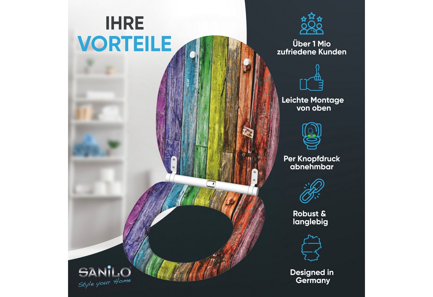 Sanilo WC-Sitz Rainbow mit Absenkautomatik & Quick Release, Premium Toilettendeckel, abnehmbar, leichte Montage von oben – Bild 2 von 5