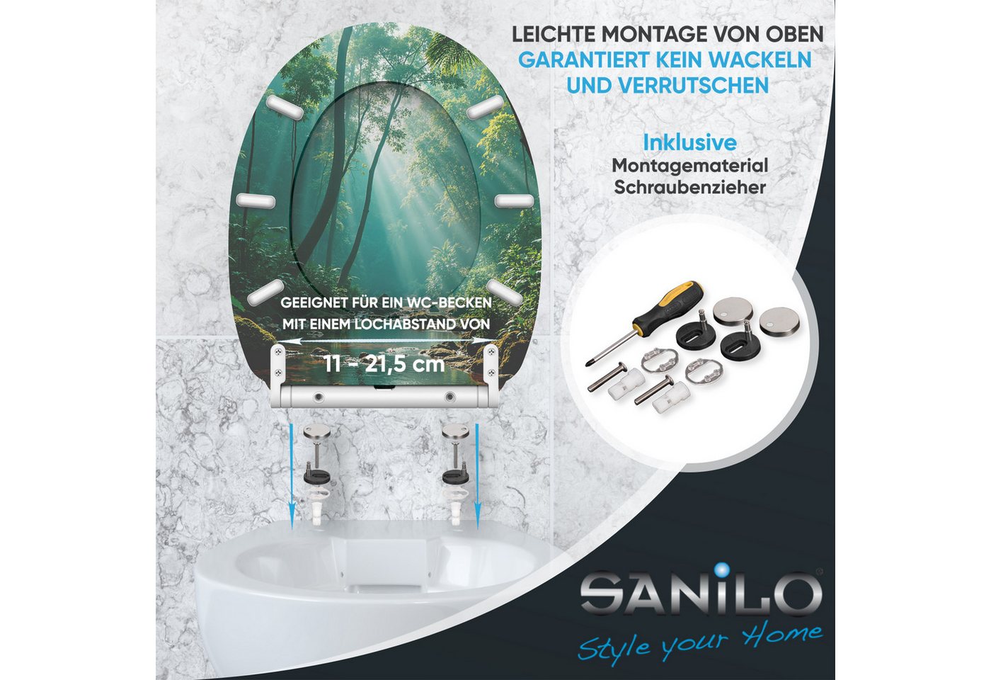 Sanilo WC-Sitz Rainforest mit Absenkautomatik & Quick Release, hochwertig, abnehmbar, leichte Montage von oben, mit Schraubenzieher – Bild 5 von 5