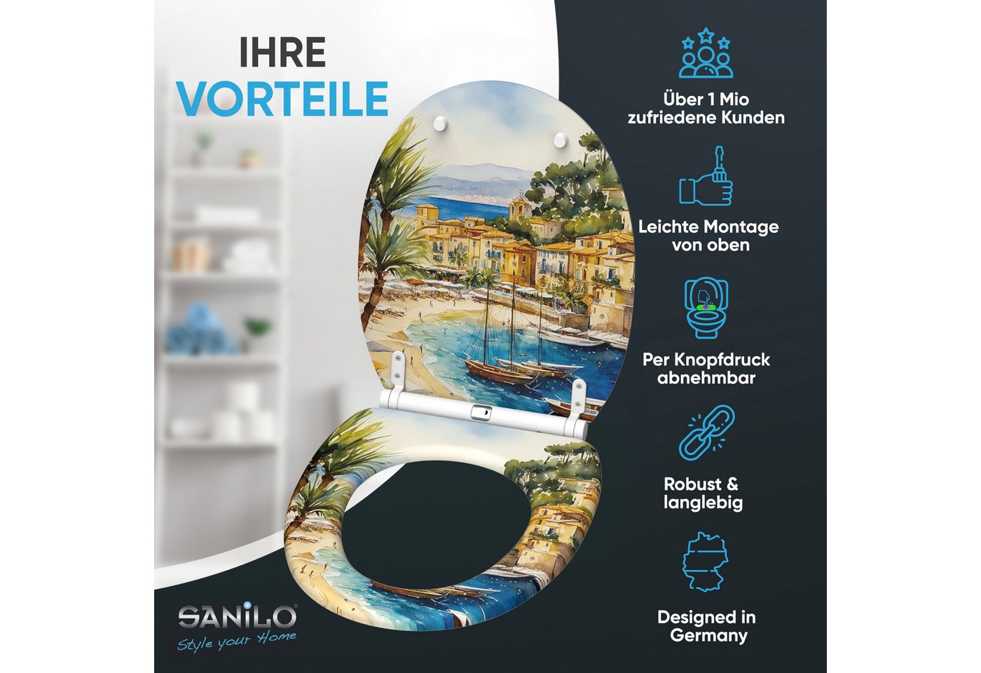 Sanilo WC-Sitz Riviera mit Absenkautomatik & Quick Release, Premium Toilettendeckel, abnehmbar, leichte Montage von oben – Bild 2 von 5