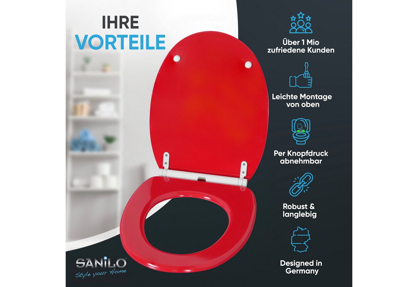 Sanilo WC-Sitz Rot mit Absenkautomatik & Quick Release, Premium Toilettendeckel, abnehmbar, leichte Montage von oben – Bild 2 von 5