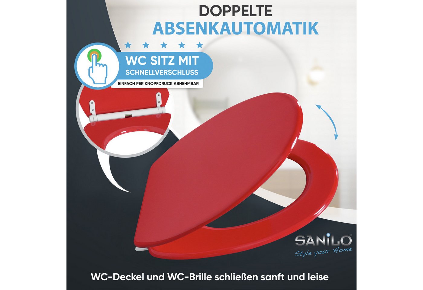 Sanilo WC-Sitz Rot mit Absenkautomatik & Quick Release, Premium Toilettendeckel, abnehmbar, leichte Montage von oben – Bild 3 von 5