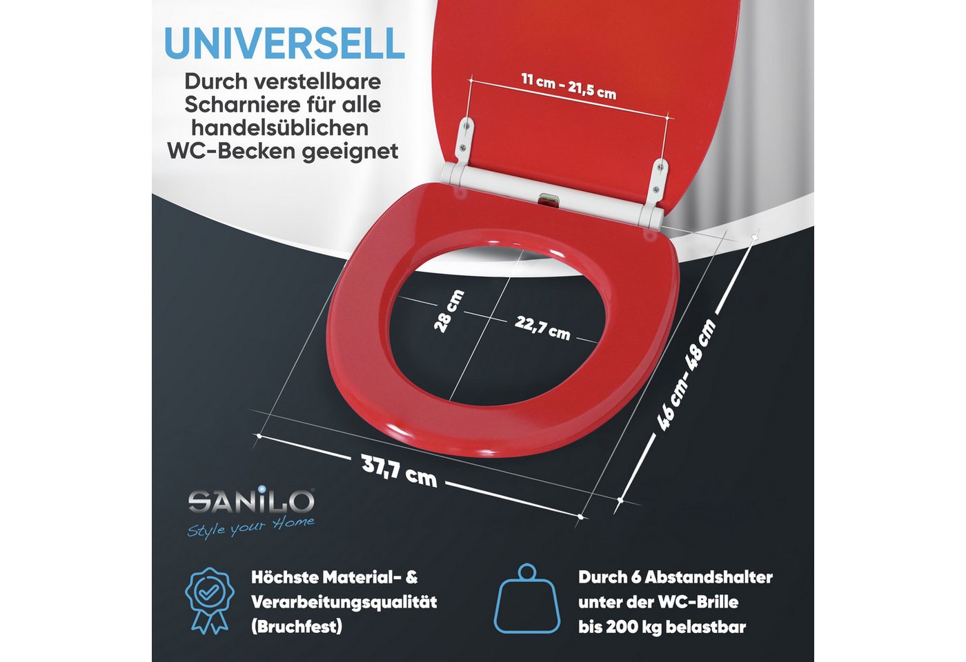 Sanilo WC-Sitz Rot mit Absenkautomatik & Quick Release, Premium Toilettendeckel, abnehmbar, leichte Montage von oben – Bild 4 von 5