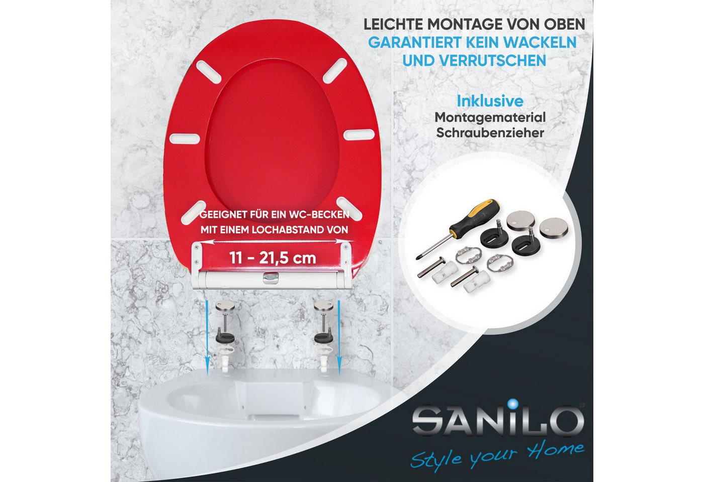 Sanilo WC-Sitz Rot mit Absenkautomatik & Quick Release, Premium Toilettendeckel, abnehmbar, leichte Montage von oben – Bild 5 von 5