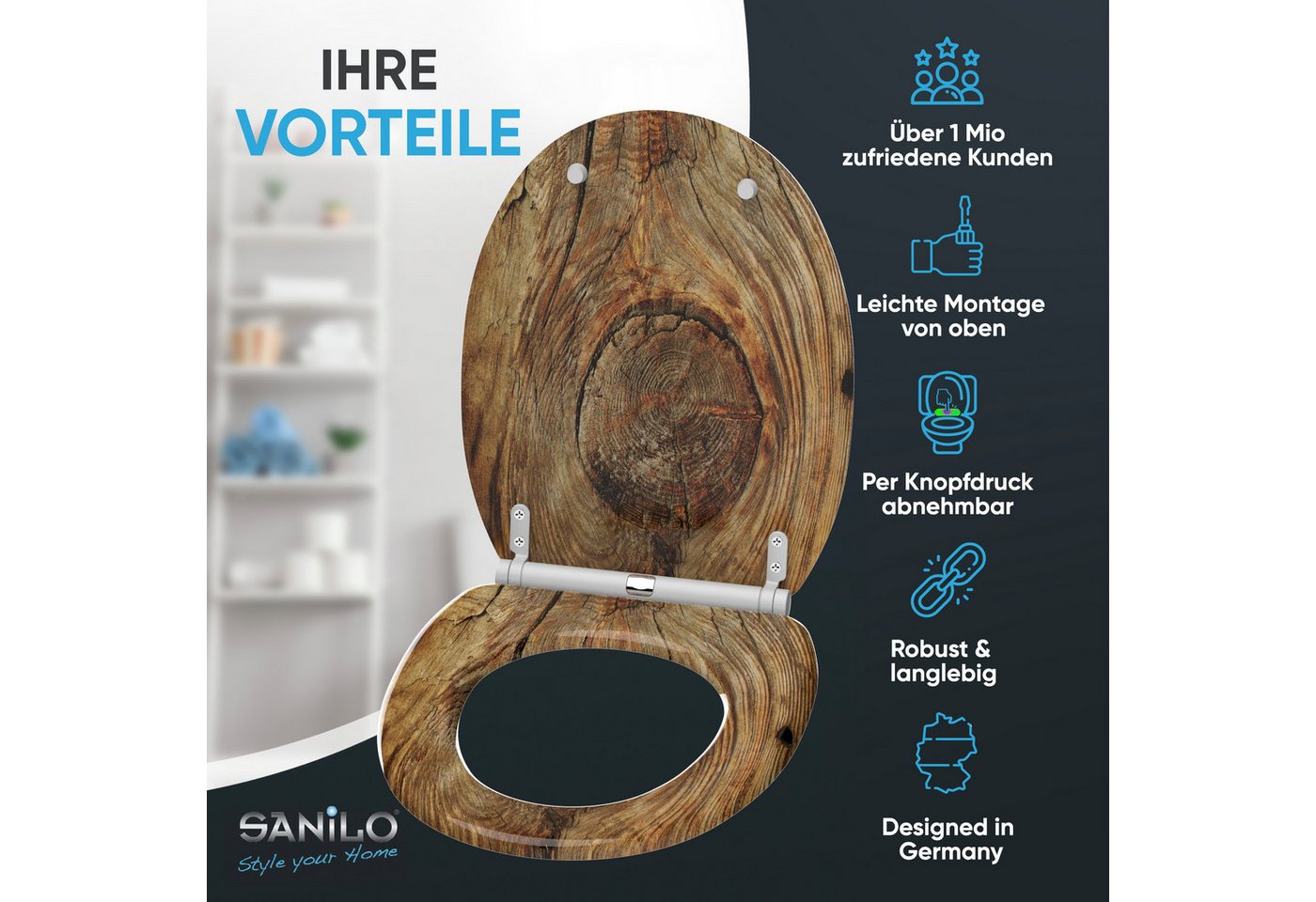 Sanilo WC-Sitz Rustikal mit Absenkautomatik & Quick Release, Premium Toilettendeckel, abnehmbar, leichte Montage von oben – Bild 2 von 5