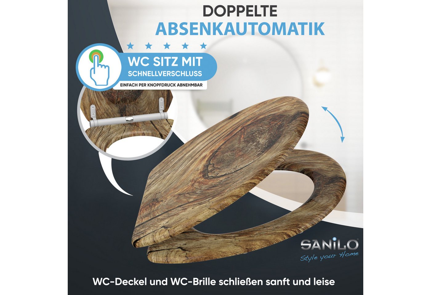 Sanilo WC-Sitz Rustikal mit Absenkautomatik & Quick Release, Premium Toilettendeckel, abnehmbar, leichte Montage von oben – Bild 3 von 5