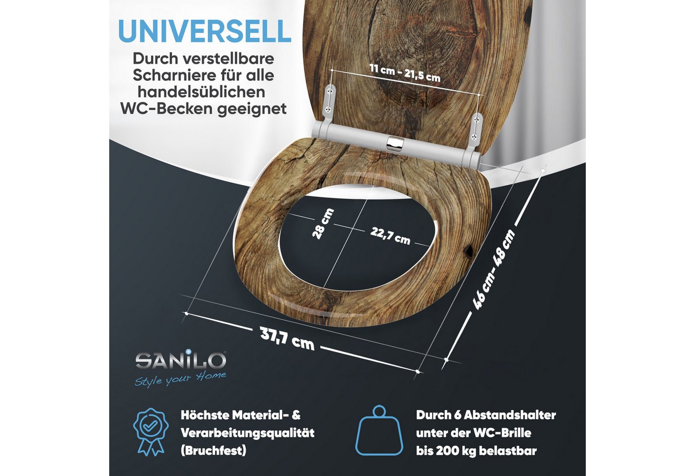 Sanilo WC-Sitz Rustikal mit Absenkautomatik & Quick Release, Premium Toilettendeckel, abnehmbar, leichte Montage von oben – Bild 4 von 5