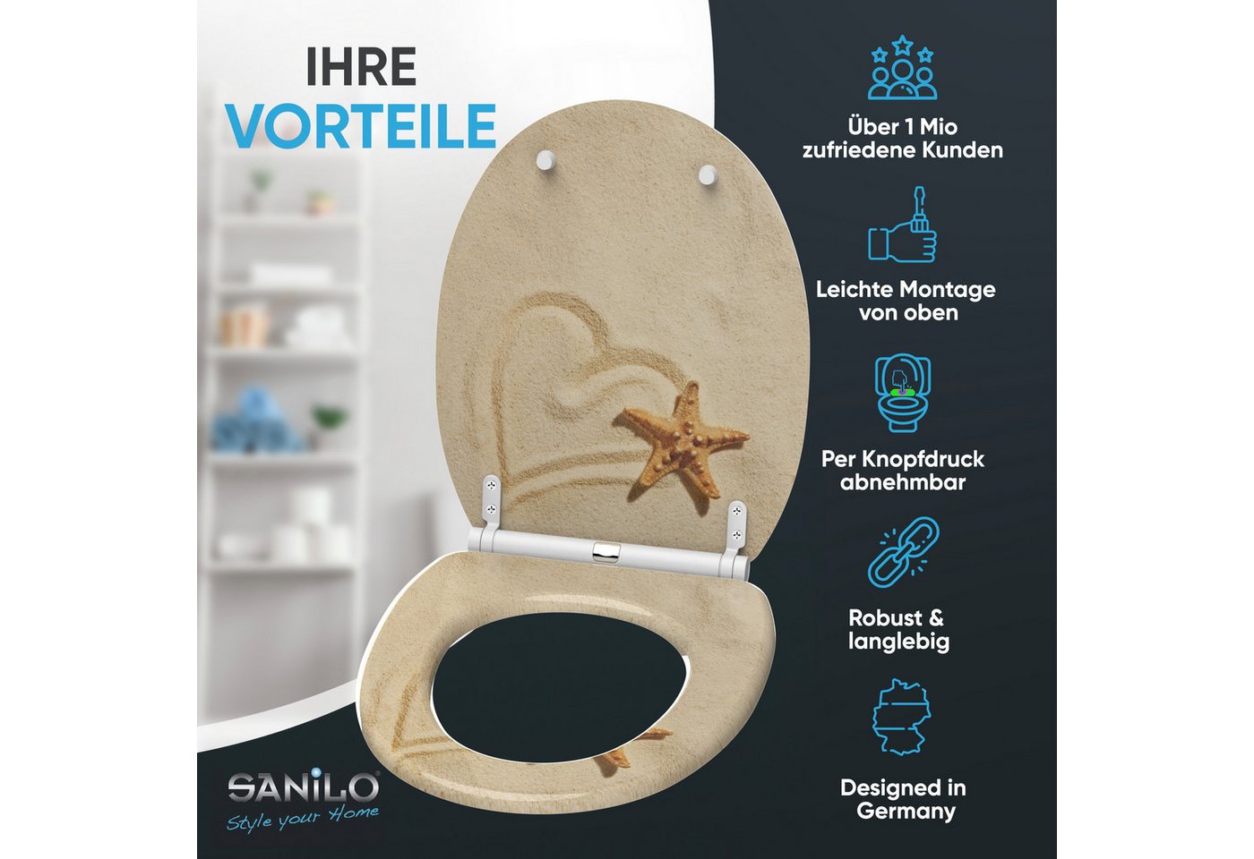 Sanilo WC-Sitz Sandy mit Absenkautomatik & Quick Release, Premium Toilettendeckel, abnehmbar, leichte Montage von oben – Bild 2 von 5