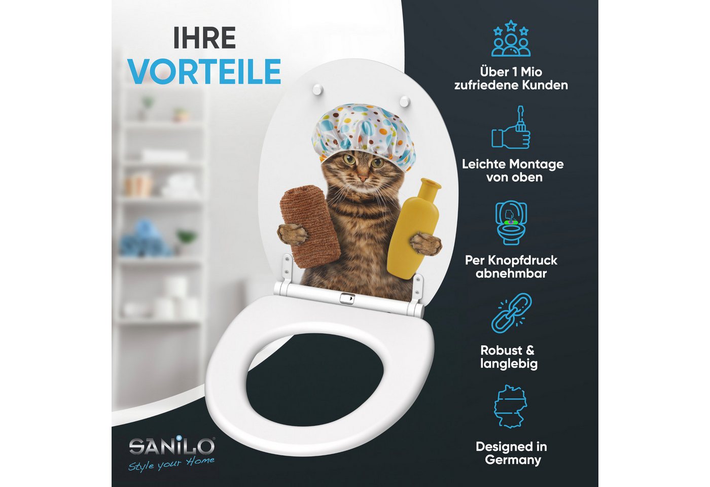 Sanilo WC-Sitz Shower Cat mit Absenkautomatik & Quick Release, Premium Toilettendeckel, abnehmbar, leichte Montage von oben – Bild 2 von 5