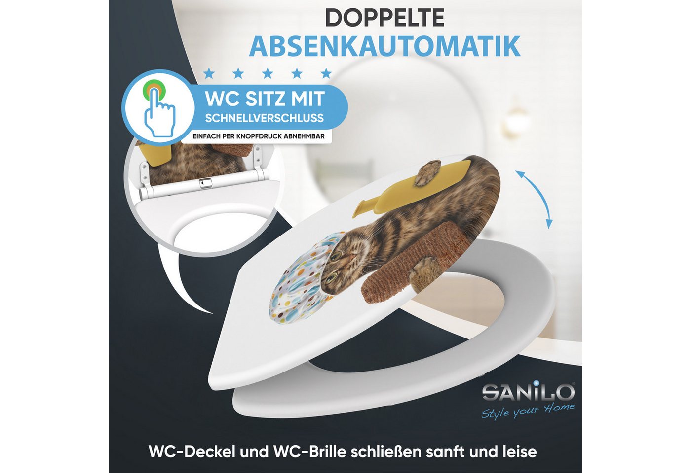 Sanilo WC-Sitz Shower Cat mit Absenkautomatik & Quick Release, Premium Toilettendeckel, abnehmbar, leichte Montage von oben – Bild 3 von 5