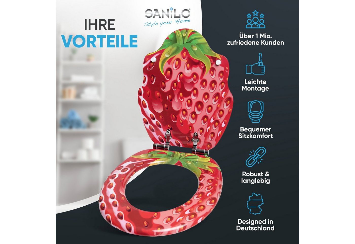 Sanilo WC-Sitz Strawberry mit Absenkautomatik, Toilettendeckel direkt vom Hersteller, hochwertig & modern mit Motiv, universell, leichte Montage – Bild 2 von 5