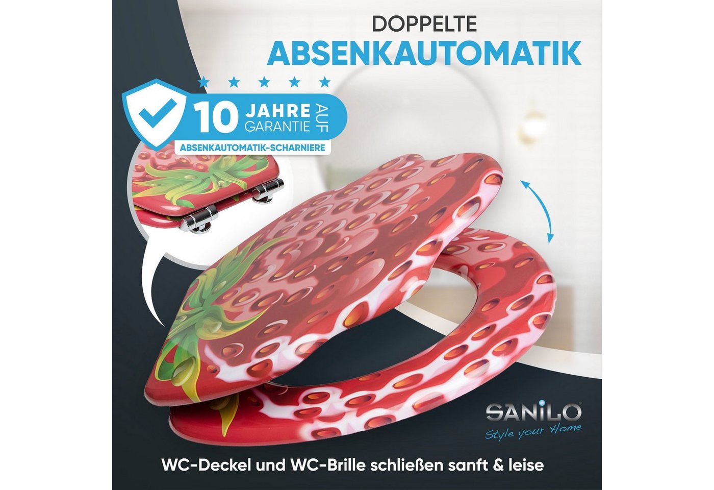 Sanilo WC-Sitz Strawberry mit Absenkautomatik, Toilettendeckel direkt vom Hersteller, hochwertig & modern mit Motiv, universell, leichte Montage – Bild 3 von 5