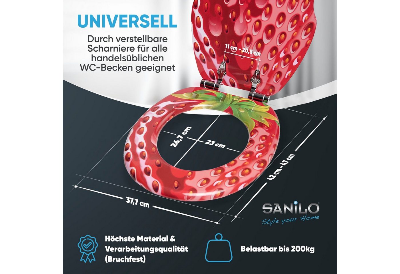 Sanilo WC-Sitz Strawberry mit Absenkautomatik, Toilettendeckel direkt vom Hersteller, hochwertig & modern mit Motiv, universell, leichte Montage – Bild 4 von 5