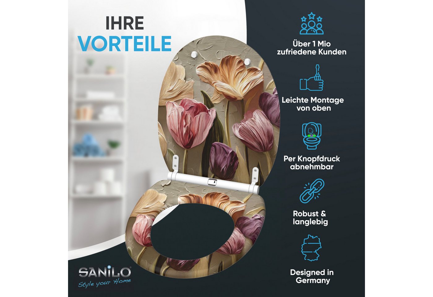 Sanilo WC-Sitz Tulpen mit Absenkautomatik & Quick Release, Premium Toilettendeckel, abnehmbar, leichte Montage von oben – Bild 2 von 5