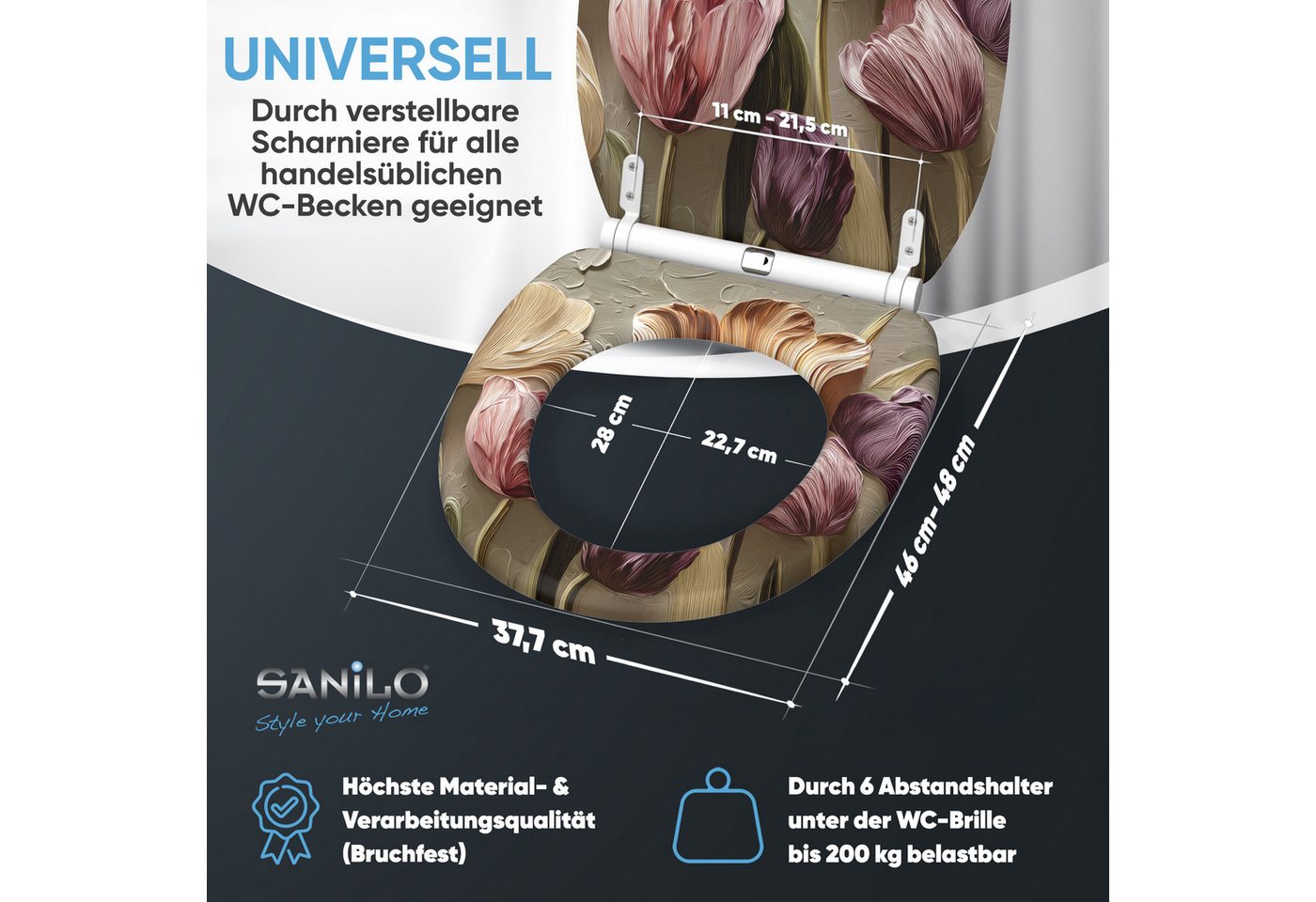 Sanilo WC-Sitz Tulpen mit Absenkautomatik & Quick Release, Premium Toilettendeckel, abnehmbar, leichte Montage von oben – Bild 4 von 5