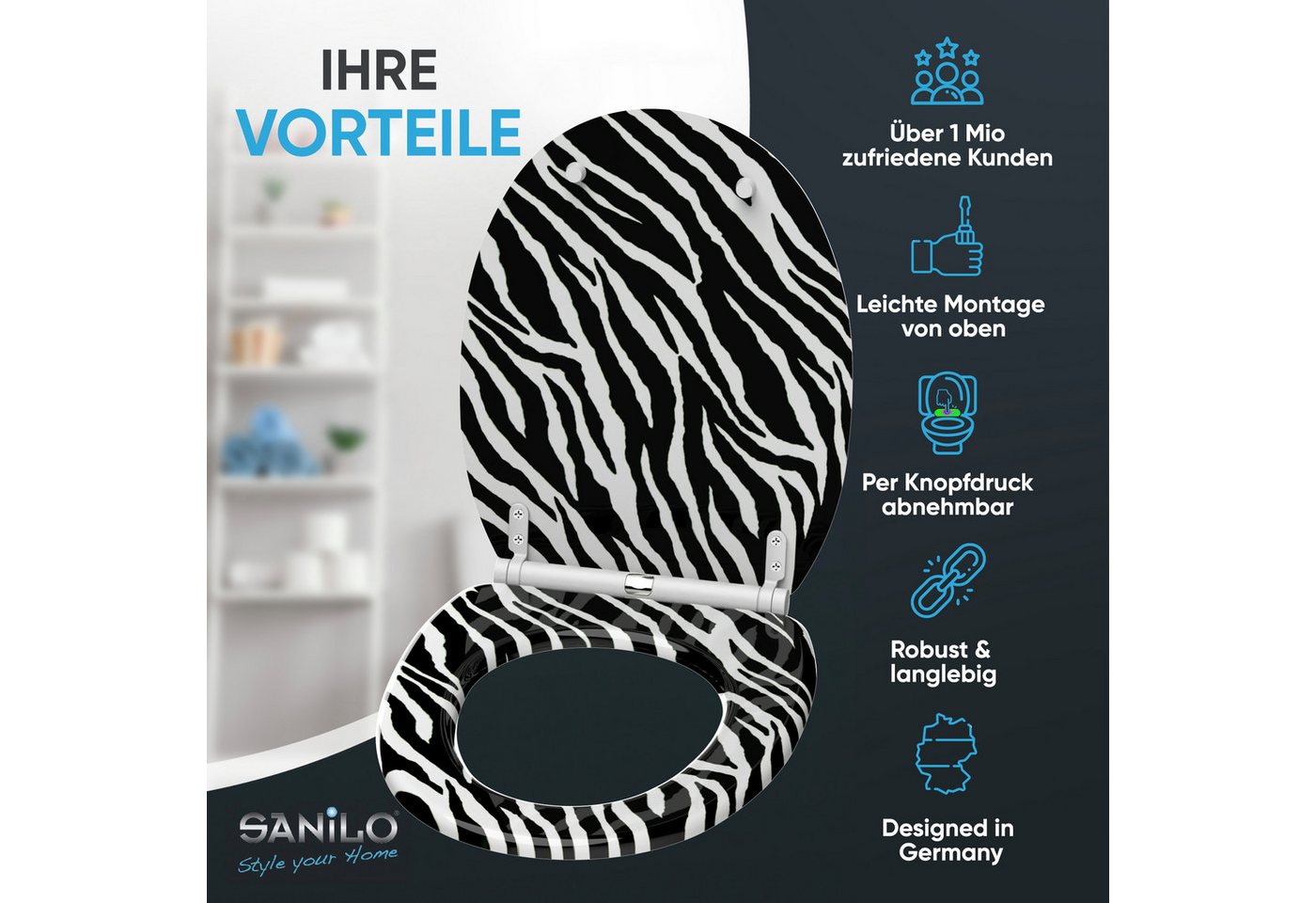 Sanilo WC-Sitz Zebra Look mit Absenkautomatik & Quick Release, Premium Toilettendeckel, abnehmbar, leichte Montage von oben – Bild 2 von 5