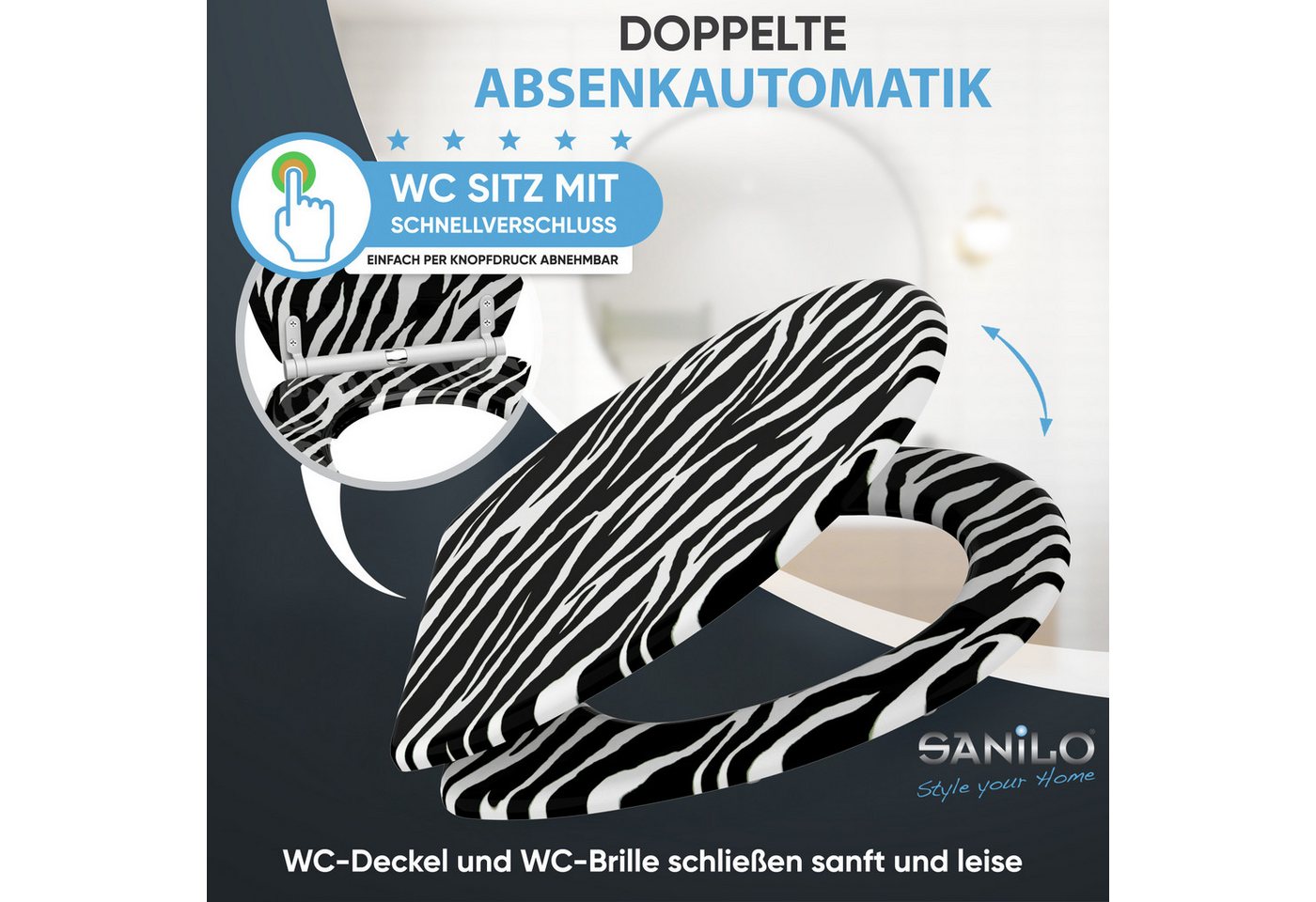 Sanilo WC-Sitz Zebra Look mit Absenkautomatik & Quick Release, Premium Toilettendeckel, abnehmbar, leichte Montage von oben – Bild 3 von 5