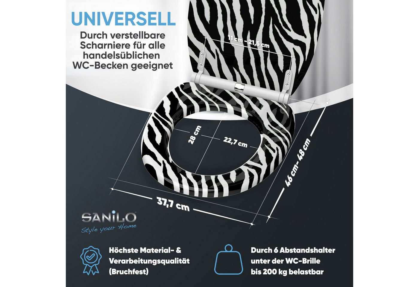 Sanilo WC-Sitz Zebra Look mit Absenkautomatik & Quick Release, Premium Toilettendeckel, abnehmbar, leichte Montage von oben – Bild 4 von 5