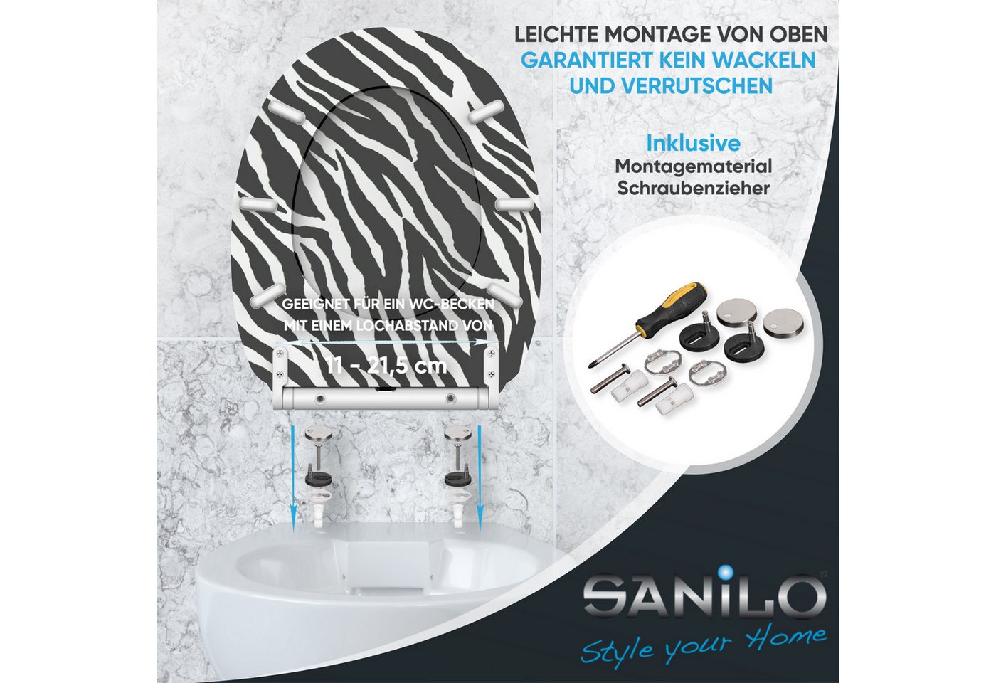 Sanilo WC-Sitz Zebra Look mit Absenkautomatik & Quick Release, Premium Toilettendeckel, abnehmbar, leichte Montage von oben – Bild 5 von 5