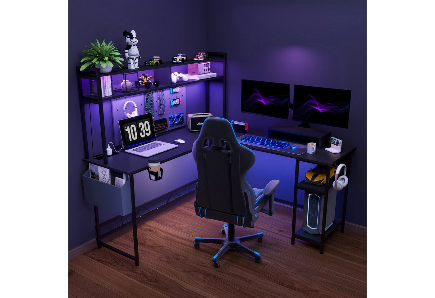 SANODESK Computertisch Gaming Tisch L-Form Schreibtisch Jugendschreibtische (L-förmiger Schreibtisch, mit Regal), mit LED-Beleuchtung, 2 Steckdosen & 2 USB-Ansc – Bild 2 von 5