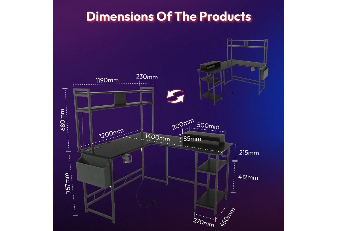 SANODESK Computertisch Gaming Tisch L-Form Schreibtisch Jugendschreibtische (L-förmiger Schreibtisch, mit Regal), mit LED-Beleuchtung, 2 Steckdosen & 2 USB-Ansc – Bild 4 von 5