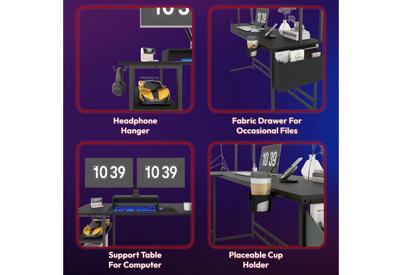 SANODESK Computertisch Gaming Tisch L-Form Schreibtisch Jugendschreibtische (L-förmiger Schreibtisch, mit Regal), mit LED-Beleuchtung, 2 Steckdosen & 2 USB-Ansc – Bild 5 von 5