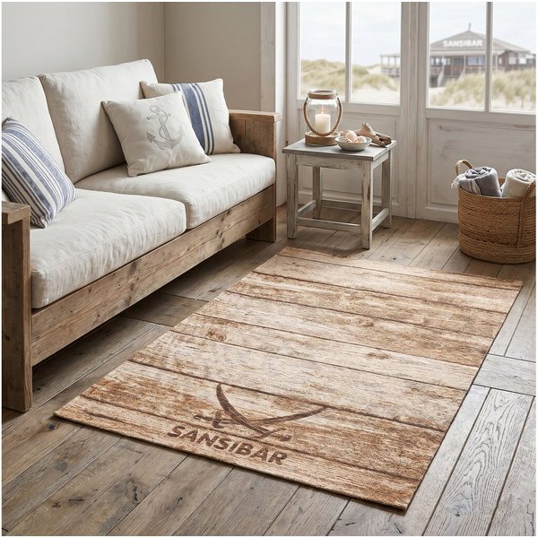 Sansibar Teppich Keitum 009, rechteckig, Höhe: 3 mm, Flachgewebe, Motiv Holzdielen & gekreuzte Säbel, auch in rund
