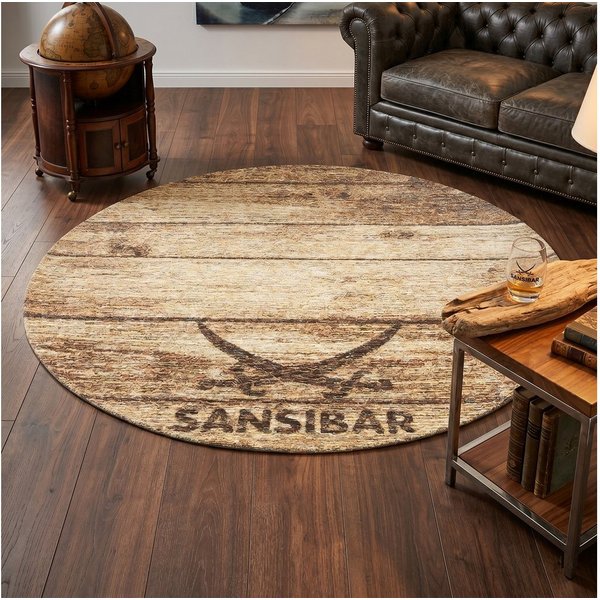 Sansibar Teppich Keitum 009, rund, Höhe: 3 mm, Flachgewebe, Motiv Holzdielen & gekreuzte Säbel